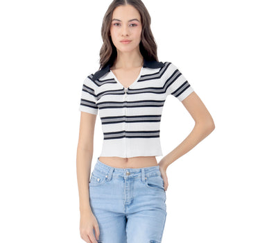 PLAYERA CROP CON RAYAS Y CUELLO EN V MUJER QUARRY