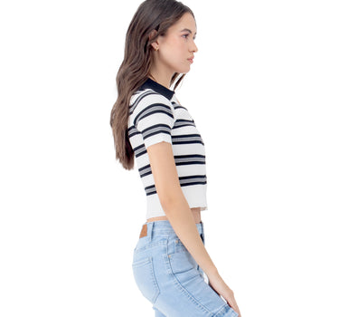 PLAYERA CROP CON RAYAS Y CUELLO EN V MUJER QUARRY