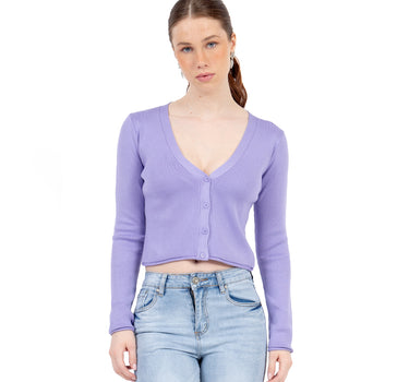 SWEATER CROP CUELLO ABIERTO Y CON BOTONES PARA DAMA QUARRY