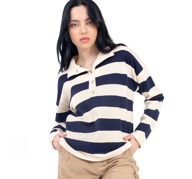 SUÉTER PARA MUJER OVERSIZE CON CUELLO POLO Y RAYAS QUARRY